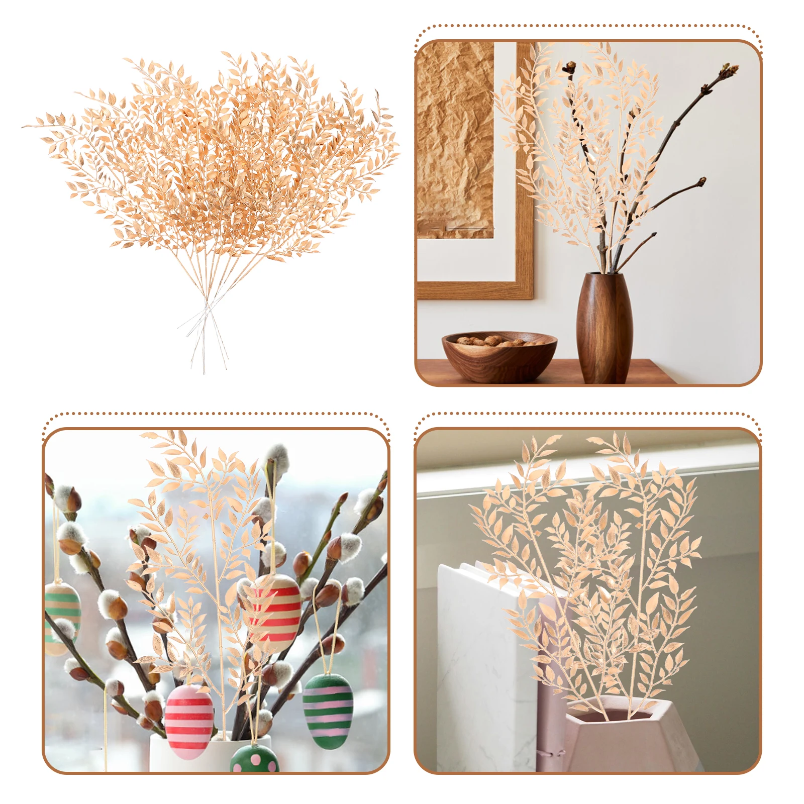 

10 Pcs Golden Artificial Plants Faux Leaves Decorative Stems for Home Wedding Office Balcony Bedroom Kitchen Garden