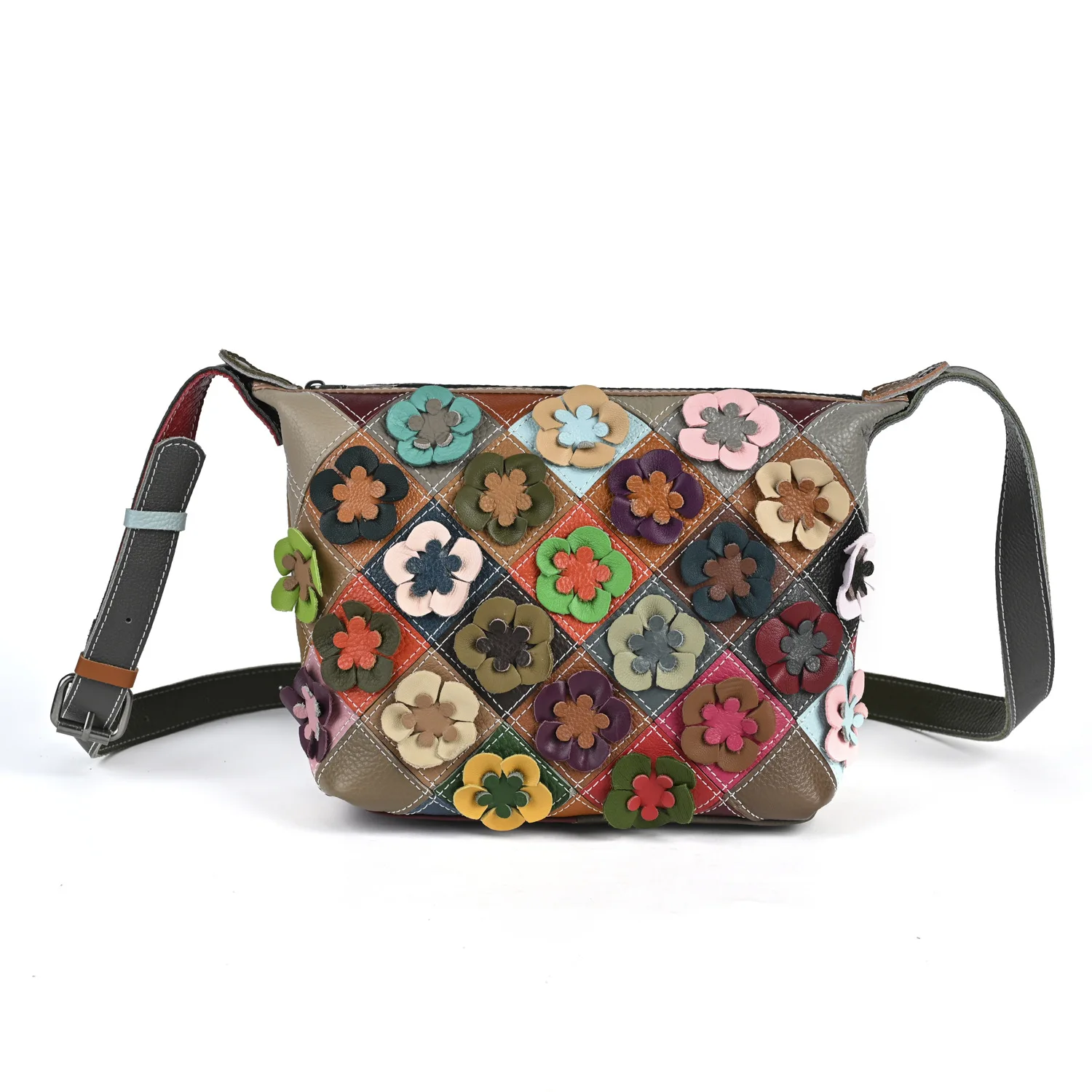 Women's Top Grain Leather Shoulder Bag Handmade Floral Quilted Colorblock Purse European Style Casual Versatile Crossbody Tote