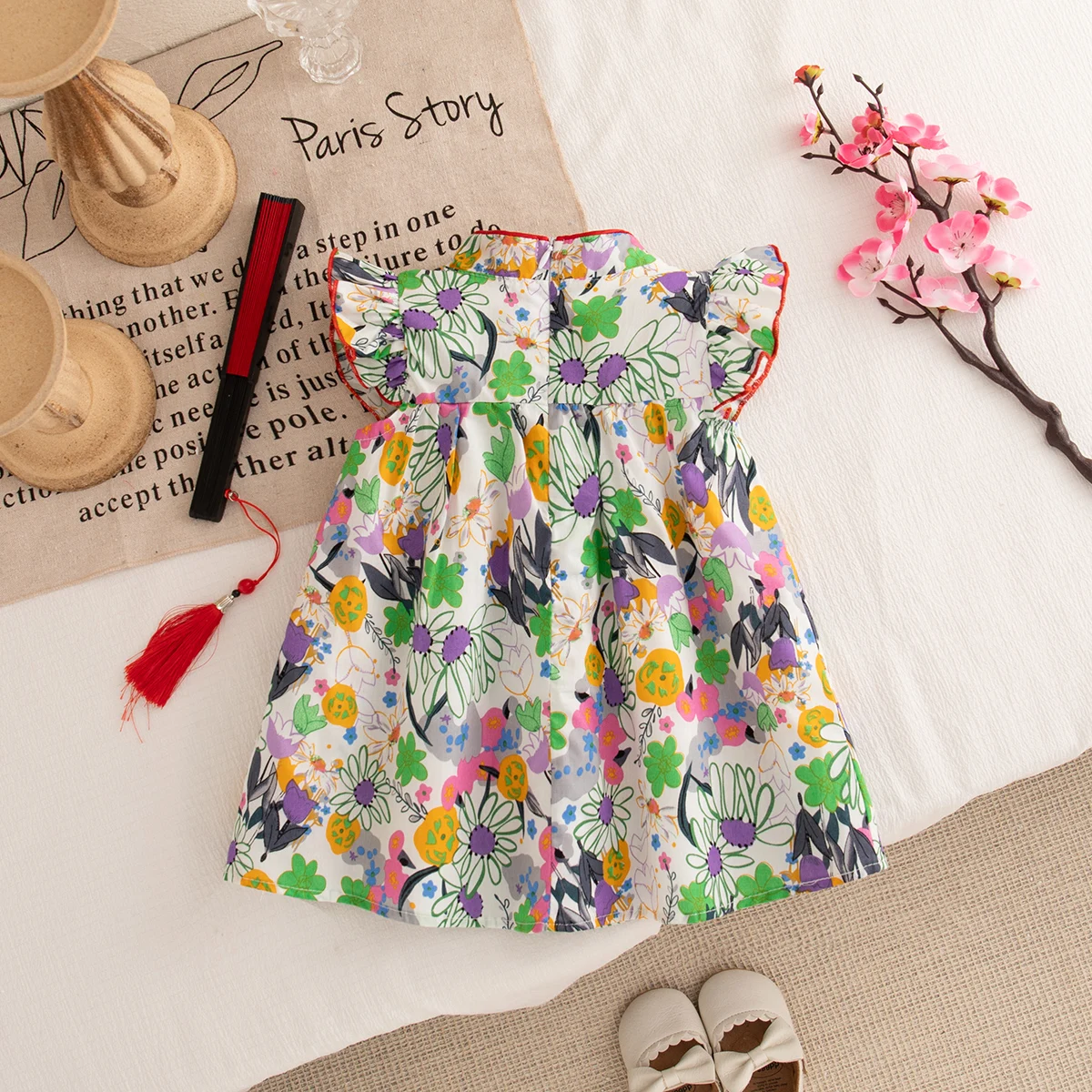 Chinese Style Retro Casual Red Tassel Bows Green Floral Toddler Dress Summer Cotton Comfortable Short Sleeved Baby Girl Dress