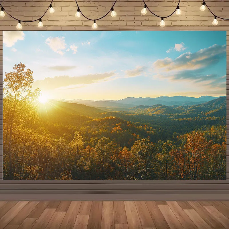 1pc Golden Sunrise Mountain Landscape Tapestry - Vibrant Autumn Forest with Warm Sunlight, Polyester Wall Hanging for Home, Part