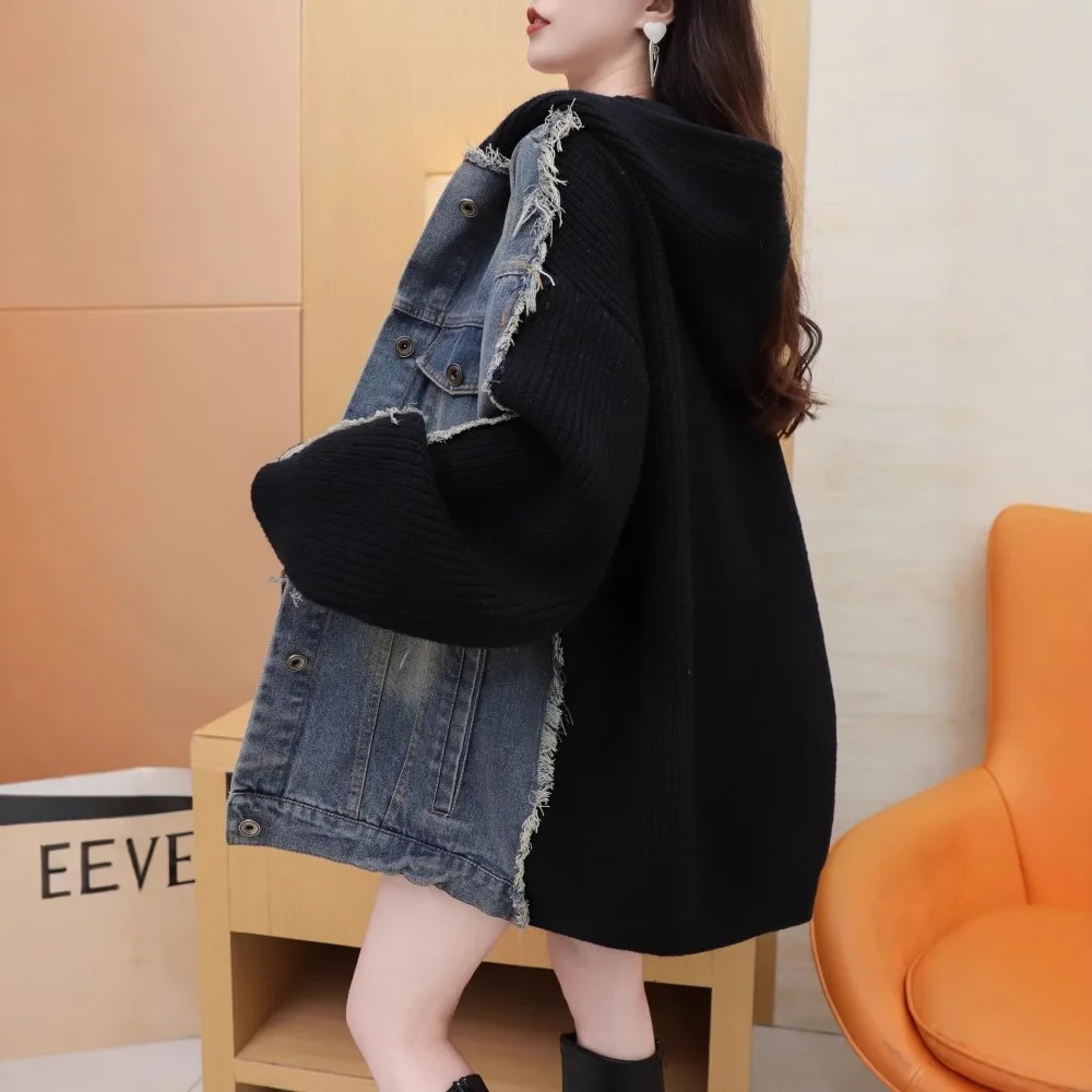 Cardigan Women Sweaters Coats Denim Splice Hooded Jackets Full Sleeve Jumpers Y2k Streetwear Elegant Knit Autumn Winter 2025