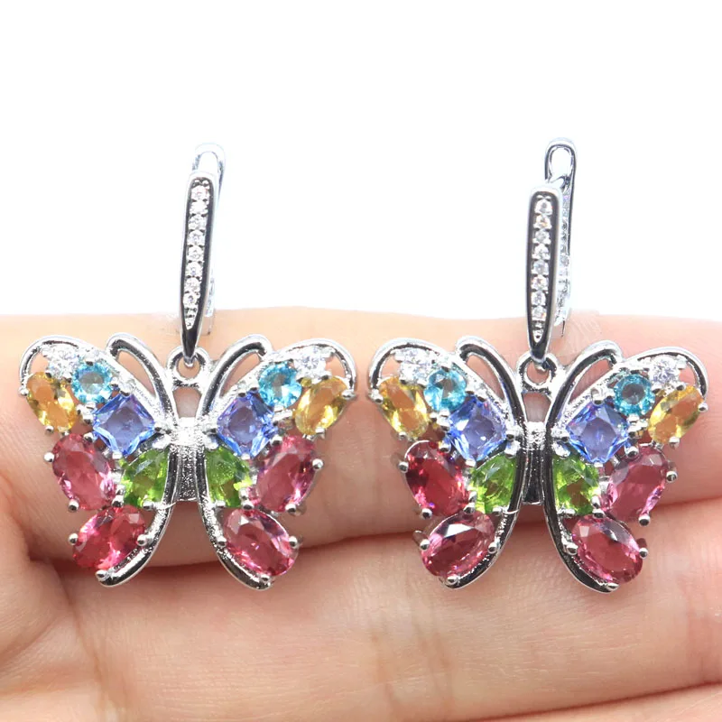 32x21mm Multi Color Butterfly Shape Tourmaline Peridot Aquamarine Blue Topaz CZ Females Present Silver Earrings