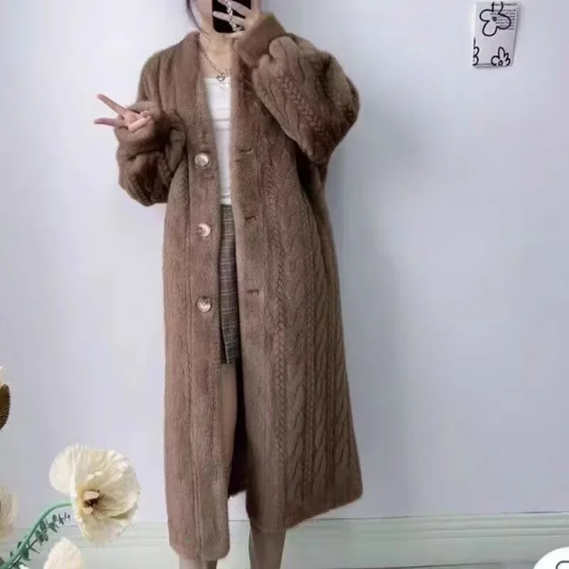 Pop ﻿ 2025 Winter New Thick Women's Long Imitation Mink Plush Cardigan With Integrated Fur Eco-Friendly Hooded Fur Coat Solid Co