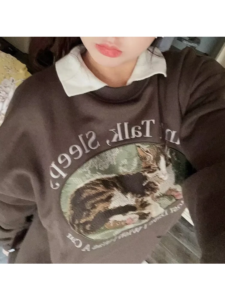 Casual Women Brown Graphic Sweatshirts 2023 Fall Fashion O Neck Long Sleeves Cat Embroidery Tops Female Loose Pullovers