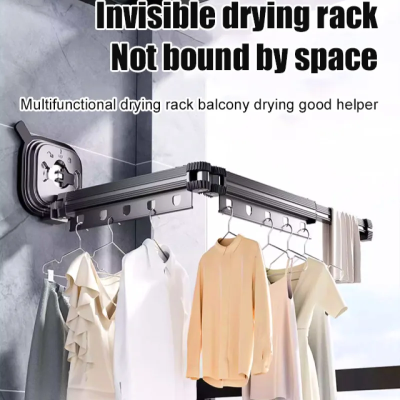 Suction cup wall mounted folding drying rack indoor household balcony no punch cool clothes rod invisible telescopic drying rod