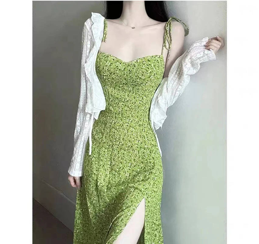 Women's French Green Floral Sling Dress Summer New High Waisted Forking Style Vestidos Beach Vacation Flowers Slim Dresses