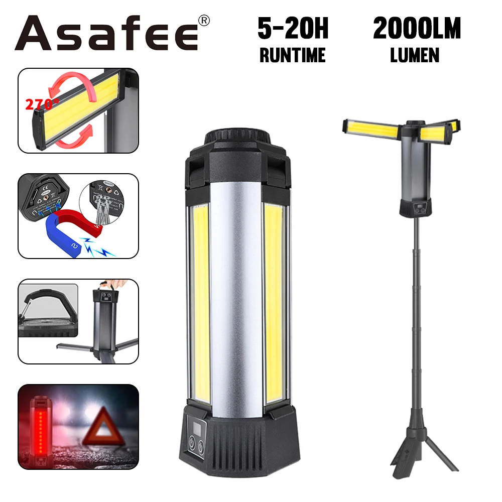 Asafee P50 COB LED 2000LM 200M Range Work Light IPX4 Waterproof Lamp Rechargeable Support Output Magnetic Suction Hook