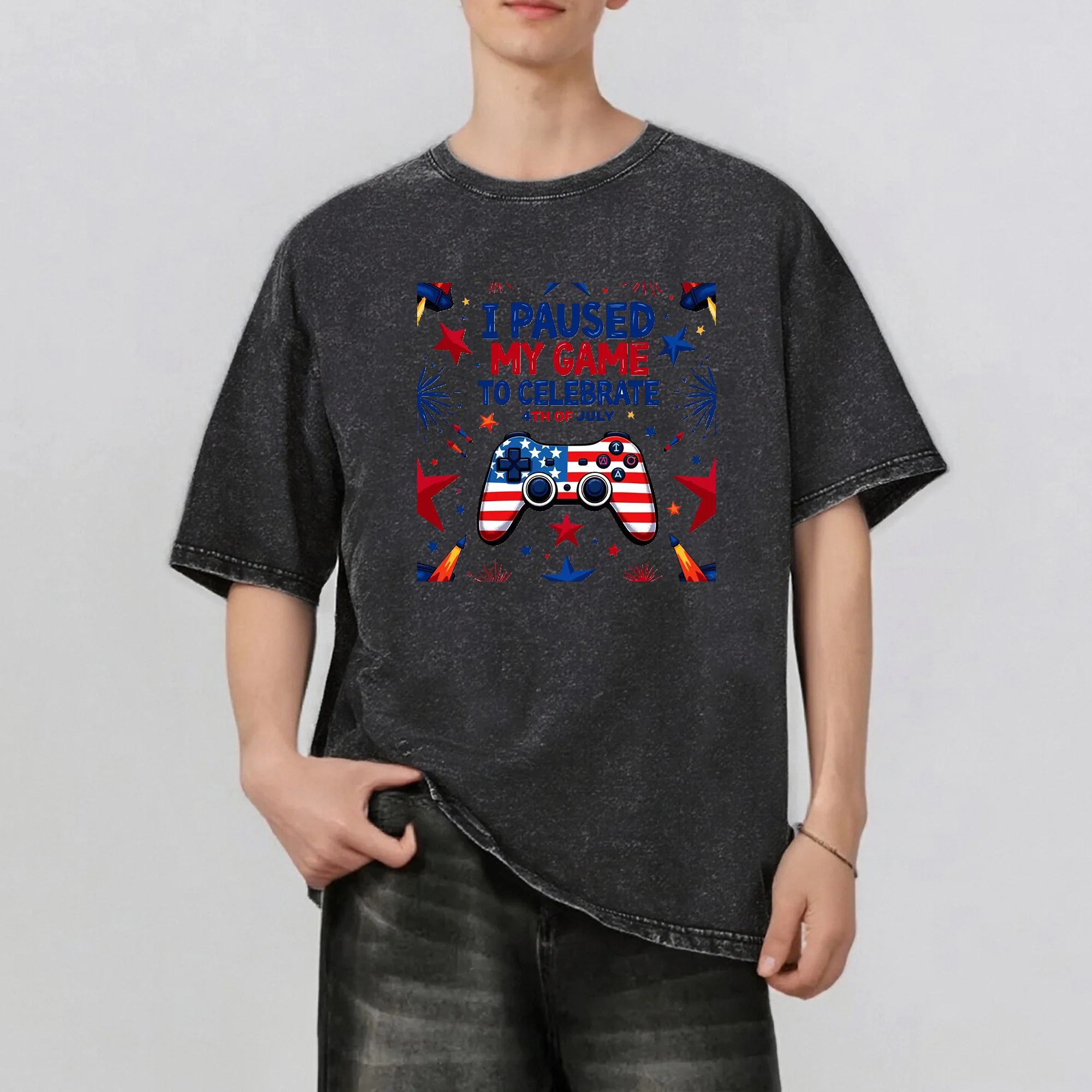 لعبة وحدة التحكم نمط Rint الرجال الصيف ريترو ستايل غسلها المياه تي شيرت عادية قصيرة الأكمام الأساسية الرجال أعلى 230 جرام