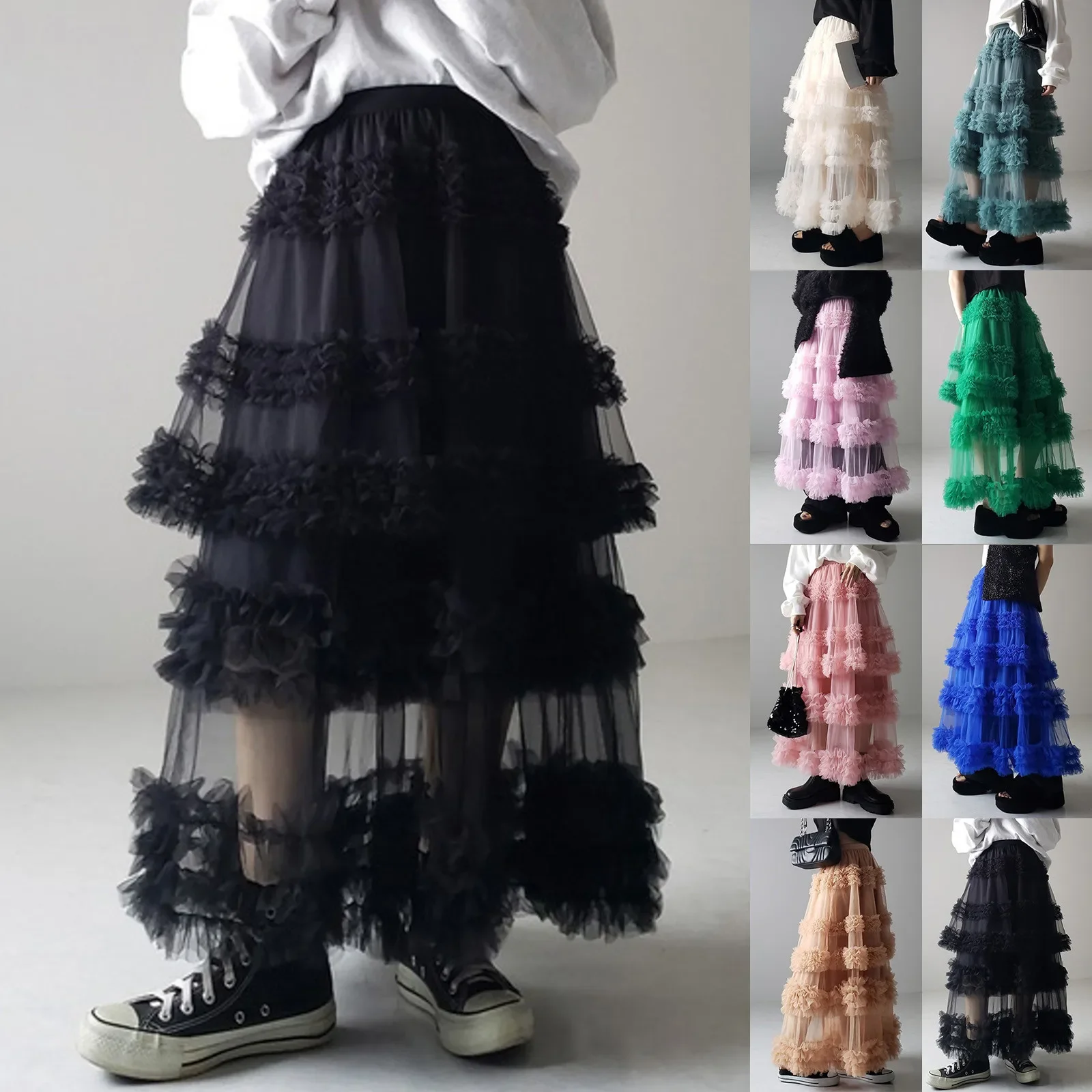 

Women's Skirt Fairy Long Skirt Women's High Waisted Slimming Peplum Mesh A Line Skirt Pleated Skirts