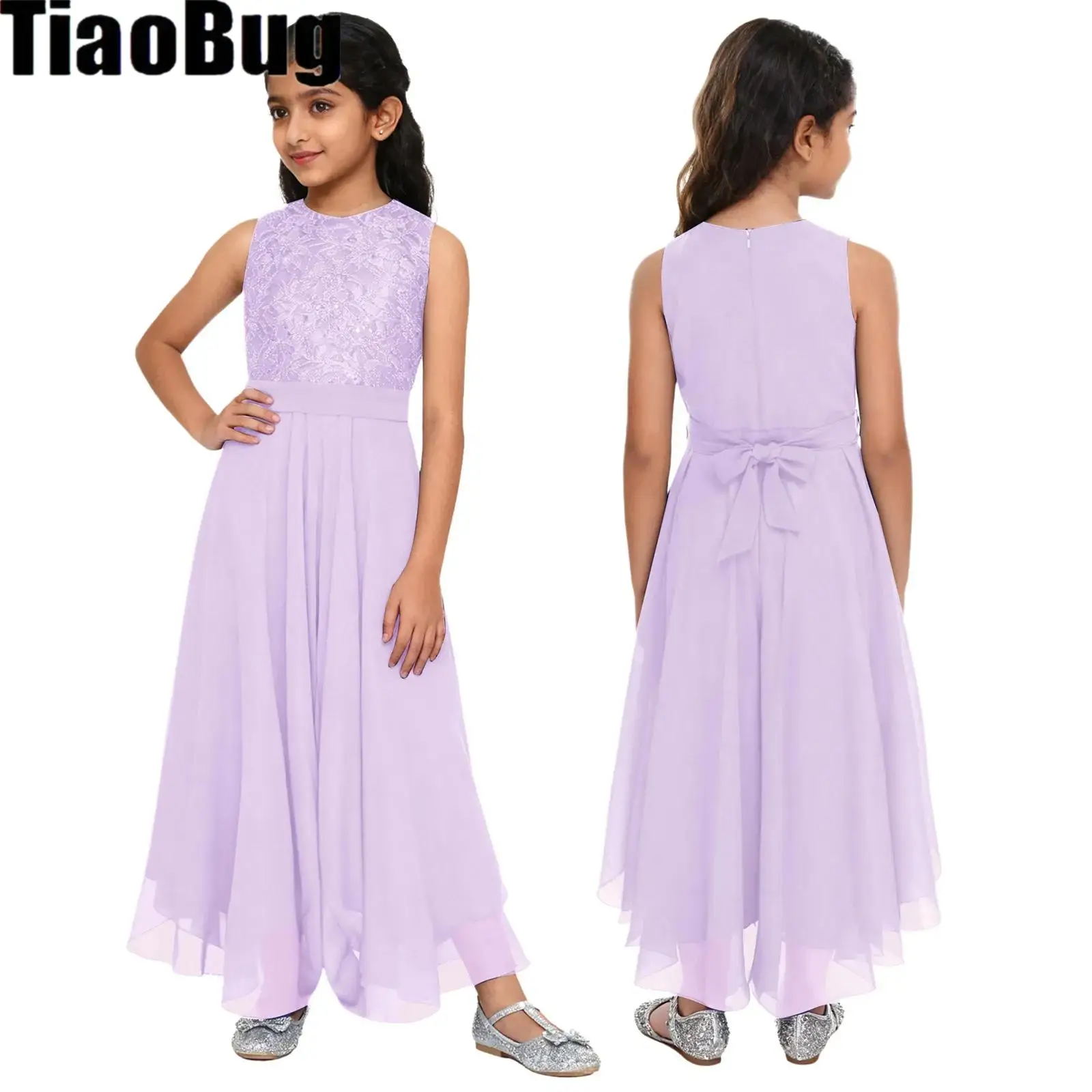 

Kids Girls Elegant Belted Chiffon Jumpsuit Floral Embroidery with Sequin Top Dhoti-style Pants Rompers for Party Birthday