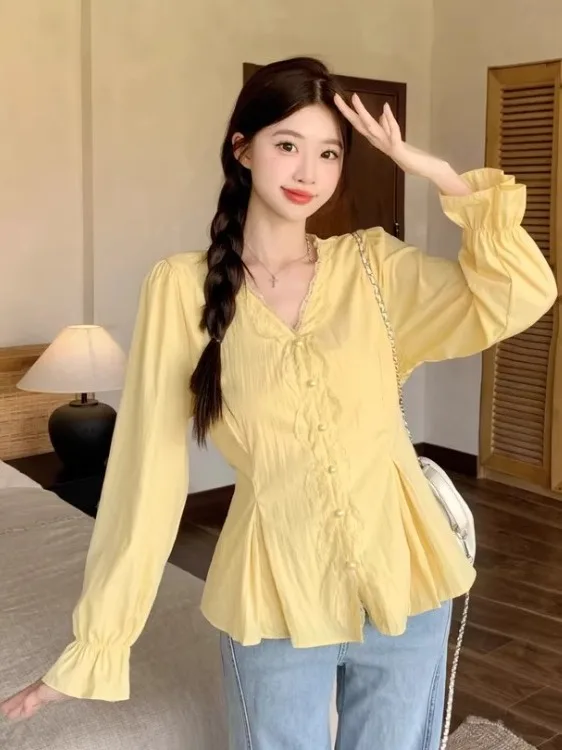 

Женская модная блузка больших размеров с кружевными вставками и длинным рукавом, приталенная, с эффектом стройности, в корейском стиле, для повседневной носки, размер S