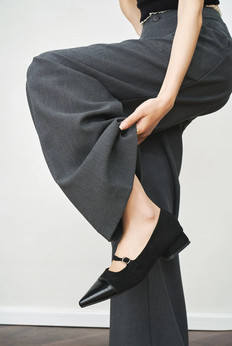 OLrain Summer Women's 2025 Grey Fungus Pants High Waist Elegant Casual Contrasting Combined Straight Legs Lady Pants O57XK99258