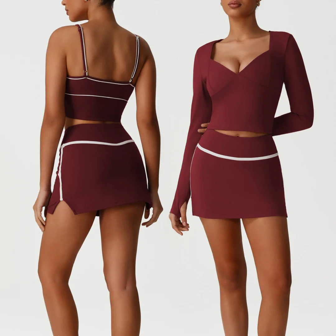 

Новый жилет на подтяжках для йоги, короткие юбки, комплект обтягивающего спортивного костюма, сексуальная повседневная одежда для тренировок с низким воротом, топ с длинными рукавами для спортзала, костюм для йоги