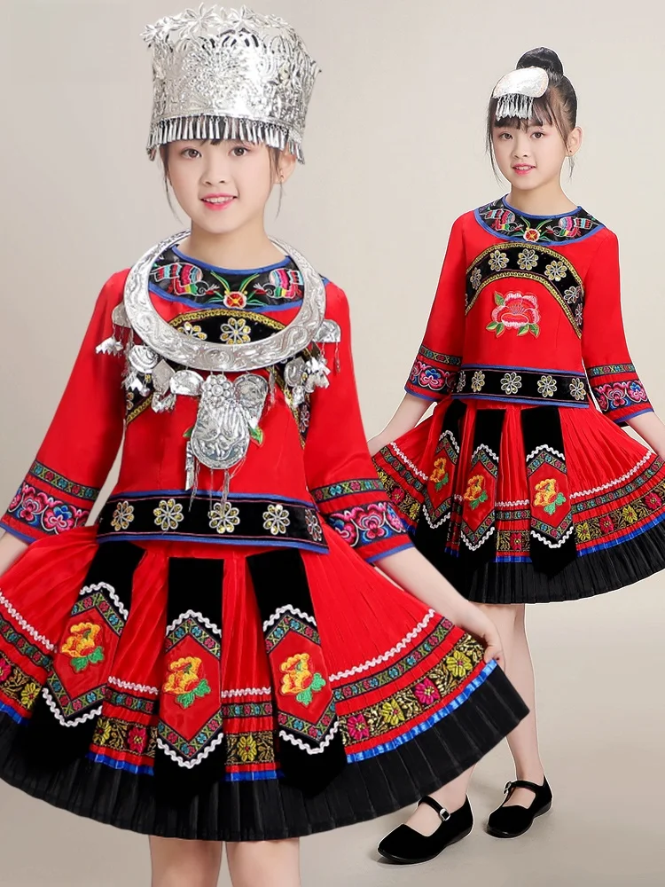 

Детская национальная одежда для выступлений, костюмы этнических групп: народность Мяо, народность Тудзя, народность Хани, женская одежда...