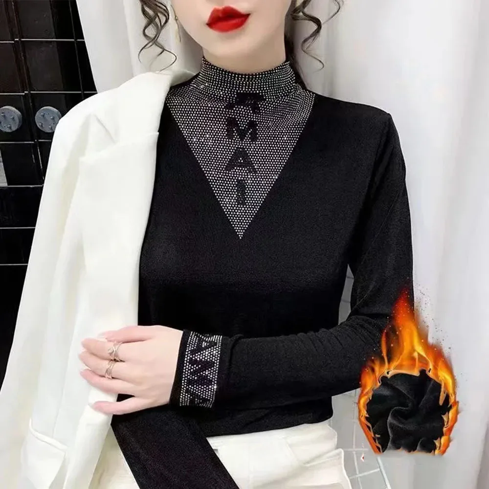 Camiseta con diamantes para mujer, Tops de cuello alto para mujer, Jersey ajustado, blusa, moda de otoño, camisetas femeninas de tendencia 2024