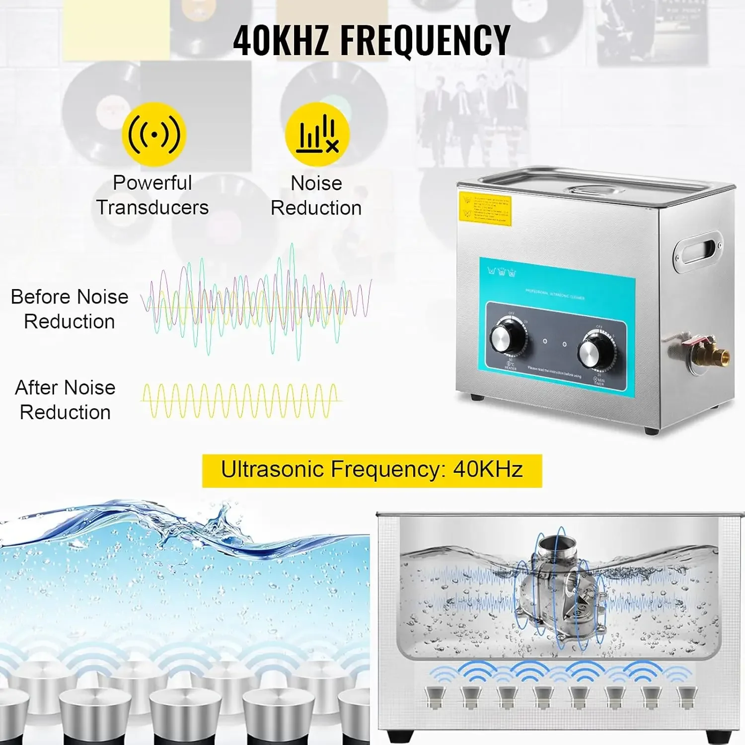 เครื่องทําความสะอาดแผ่นเสียงไวนิลอัลตราโซนิก 6L 40kHz ไวนิลเครื่องทําความสะอาดอัลตราโซนิกลูกบิดควบคุมบันทึกเครื่องทําความสะอาดอัลตราโซนิก 4 บันทึกไวนิล