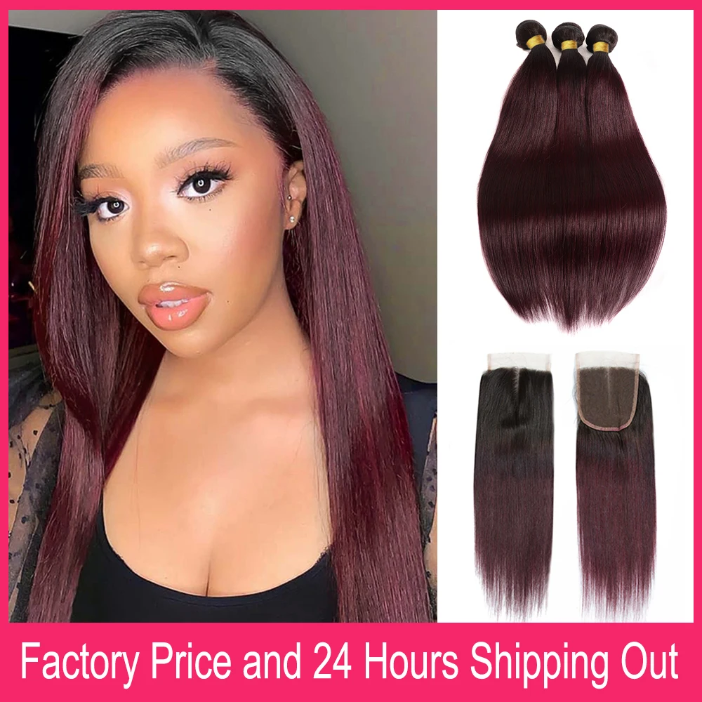 1B 99J Straight Bundles With 4x4 Lace Closure 100% Human Hair Ombre Burgundy Colored Hair Bundles With Transparent Lace Closures