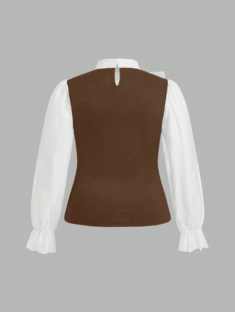 Plus Size Damen Elegant Kontrast Fliege Langarm A-Linie Büroarbeit Hemd Business Rosa Schwarz Braun Am besten für den Frühling – Detail 14