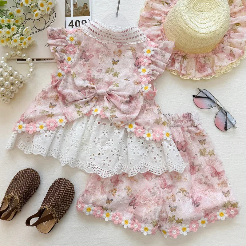 New Floral Three-Dimensional Tulip Lace Trim Doll Shirt and Shorts Two-Piece Set for Girls