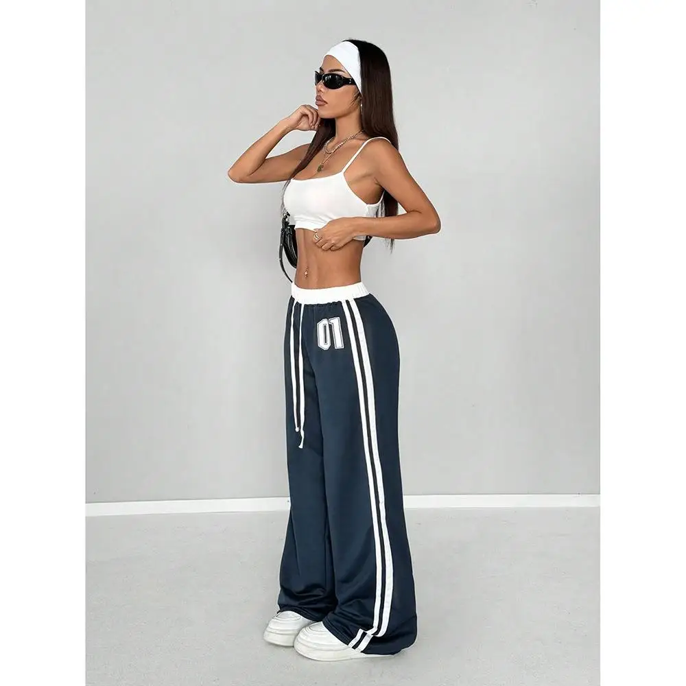 

High Waist Drapey Loose Straight Leg Sporty Sweatpants Women's Casual Trousers Striped Patchwork Wide Leg Long Pants