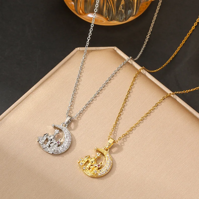 Dreamy Moon Castle Pendant Necklace, Sparkling Rhinestone Women Neckwear, Special Surprise Gift for Girls Holiday Casual Outing
