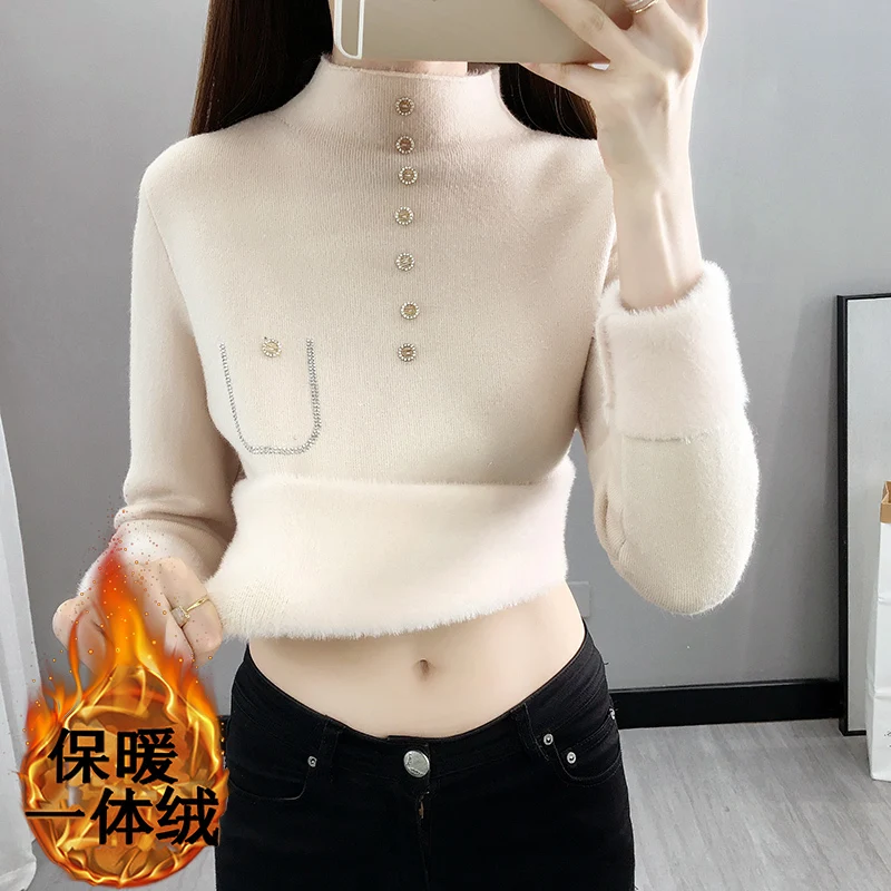 Solide halbe Roll kragen pullover Winter pullover Frauen elegante dicke Samt gefüttert warm gestrickte Pullover schlanke lange Ärmel Tops vielseitig neu