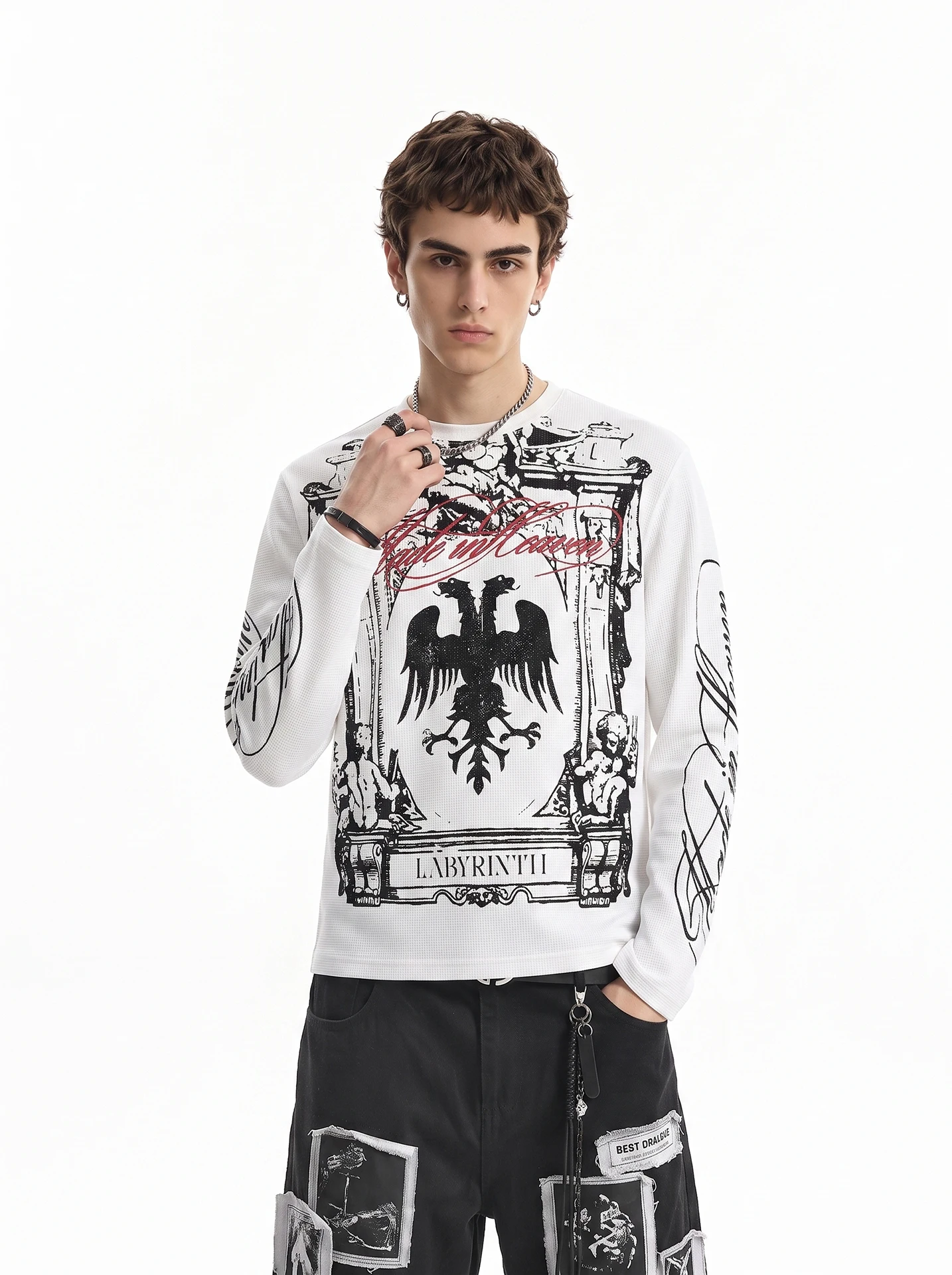 BETEBULE American High Street Subculture Print Long Sleeve round Neck Men's Vintage Short Wide Waffle Pattern Top Shirt