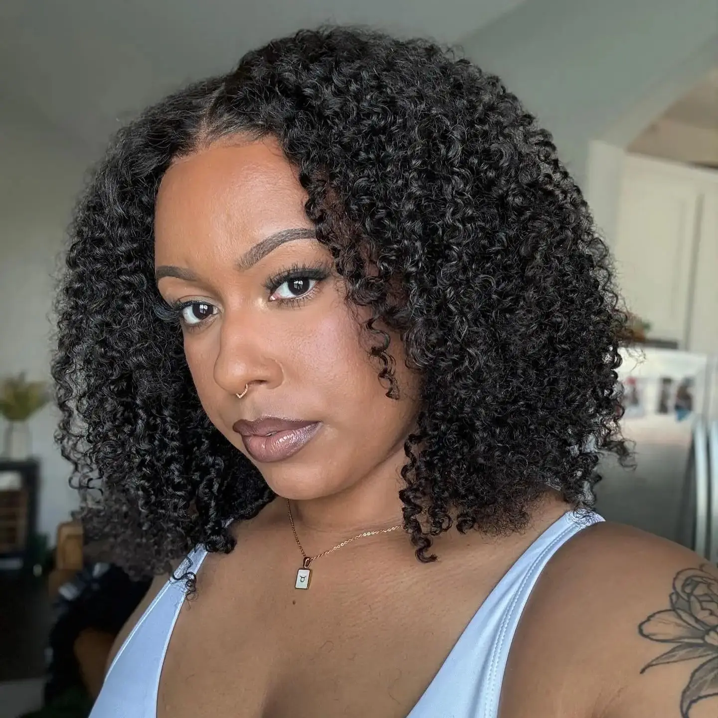 

Natural Black Color Kinky Curly 4x4 Brown Lace Closure Wig 100% Human Hair Short Wig