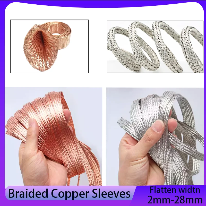 1~10m Braided Cable Sleeve Pure Copper Tinned Plating Width 2mm~28mm Expandable Signal Wire Stripper Metal Sheath Tube Sleeving