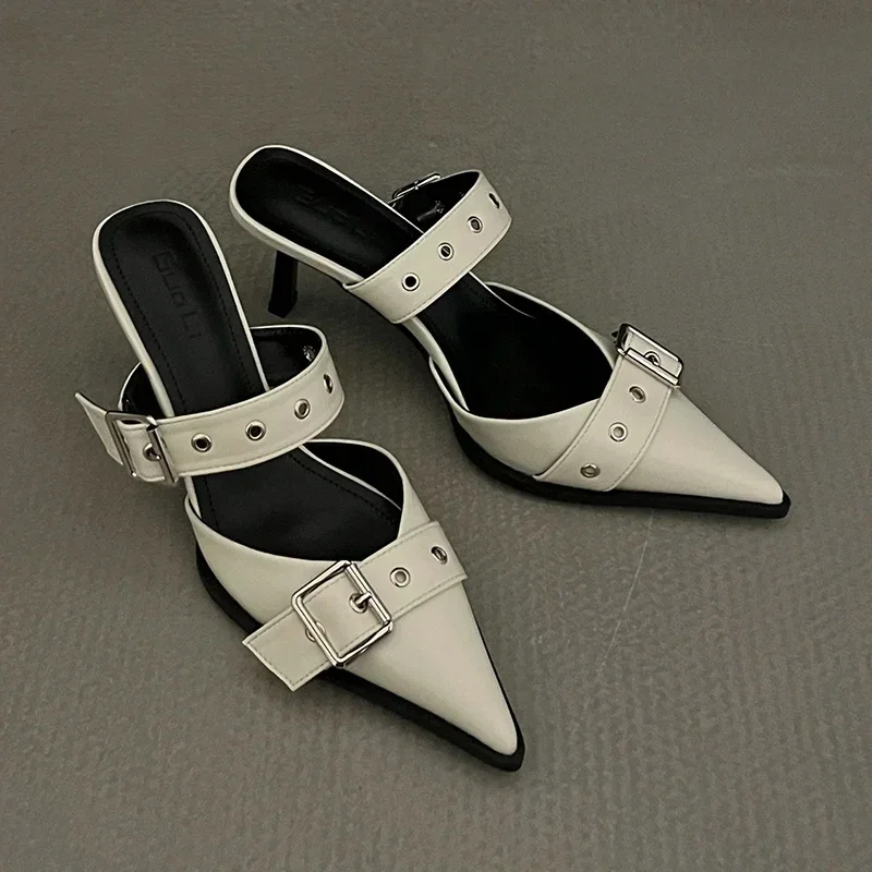 Punk Goth Metal Buckle High Heels Women\'s Sandals Summer Pointed Toe Silver Party Shoes Fashion Womens Pumps Shoes Tacones