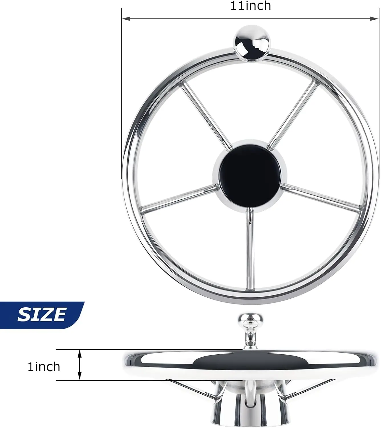 11 Zoll Bootszubehör Edelstahl-Lenkrad mit Knopf, Edelstahl 5-Speichen 25 Grad 11'' für Marine-Yachten