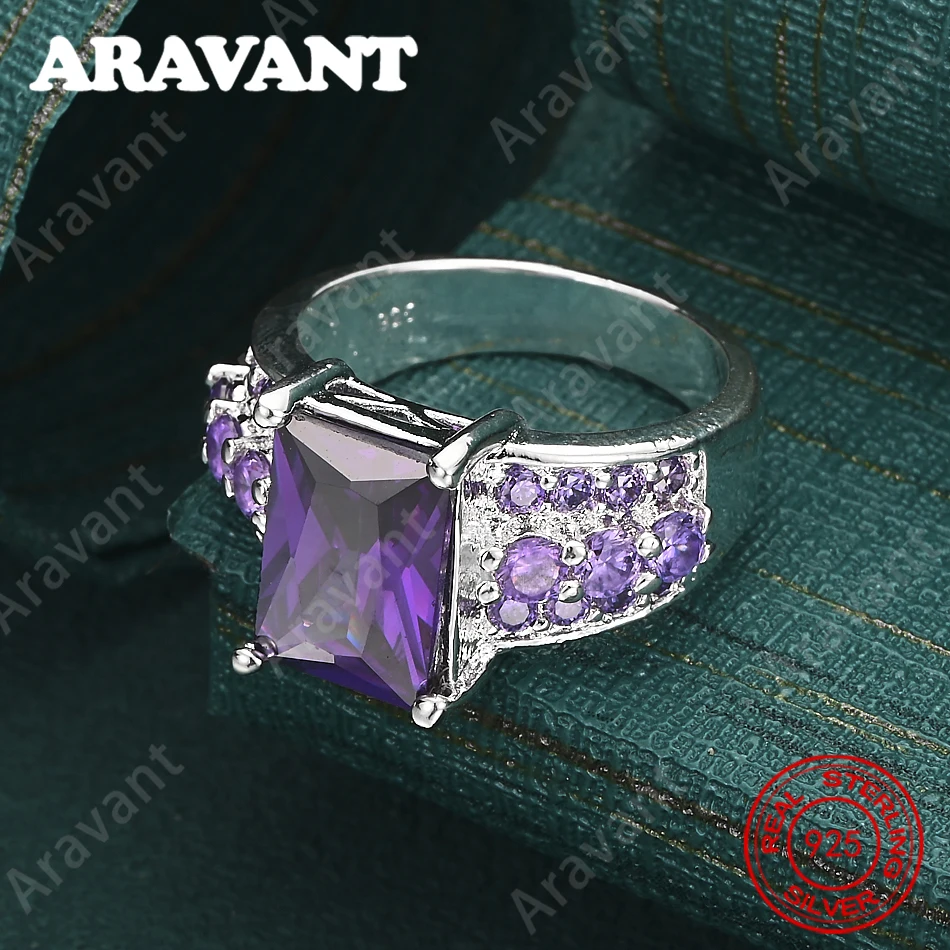 925 Sterling Silver Purple Square Zircon Ring With Full Diamonds - Women'S Commute Accessories, Christmas Gift Jewelry