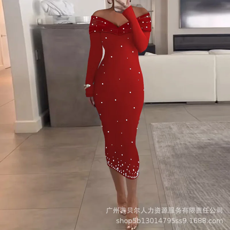 2024 Dames Effen Haak Bloem Holle Lange Mouwen Slash Hals Midi Bodycon Formele Party Zwarte Jurk
