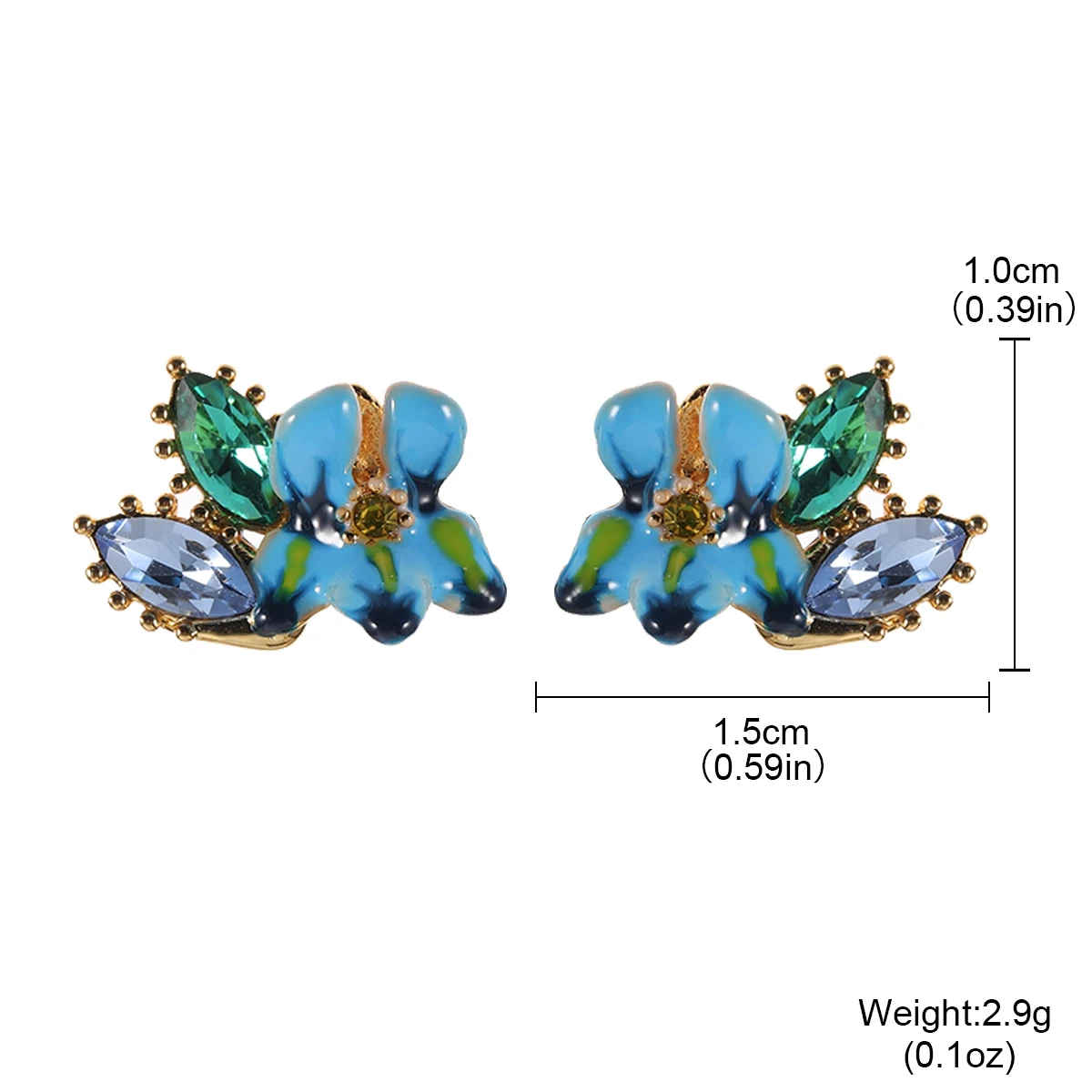 Cute Enamel Blue Floral Stud Earrings Sparkling Marquise Crystal Green Leaf Piercing Studs for Women Dainty Holiday Jewelry