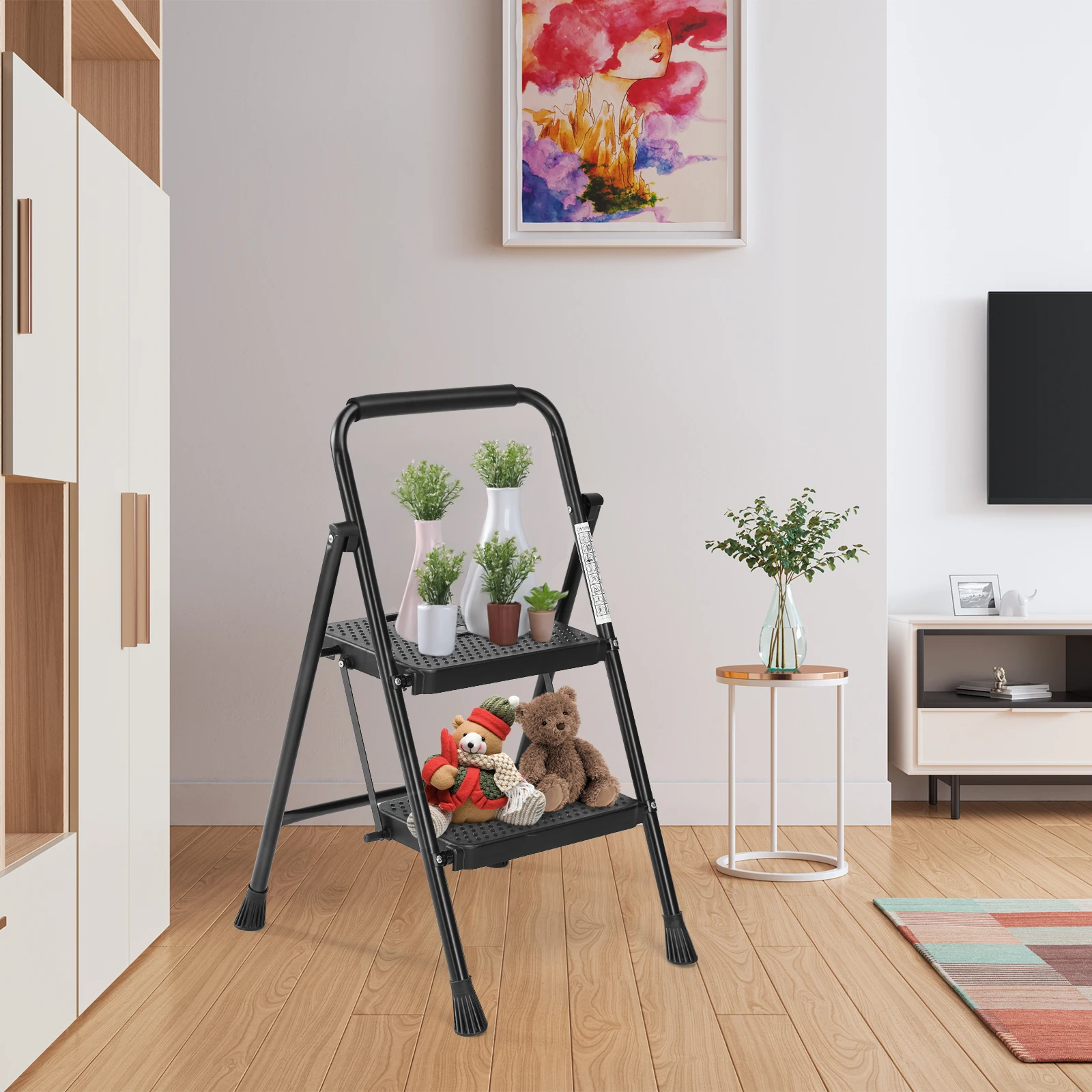 Escalera de mano JHK, taburete plegable de 2 escalones con Pedal antideslizante, capacidad de 800 libras, mango acolchado portátil de acero resistente para el hogar