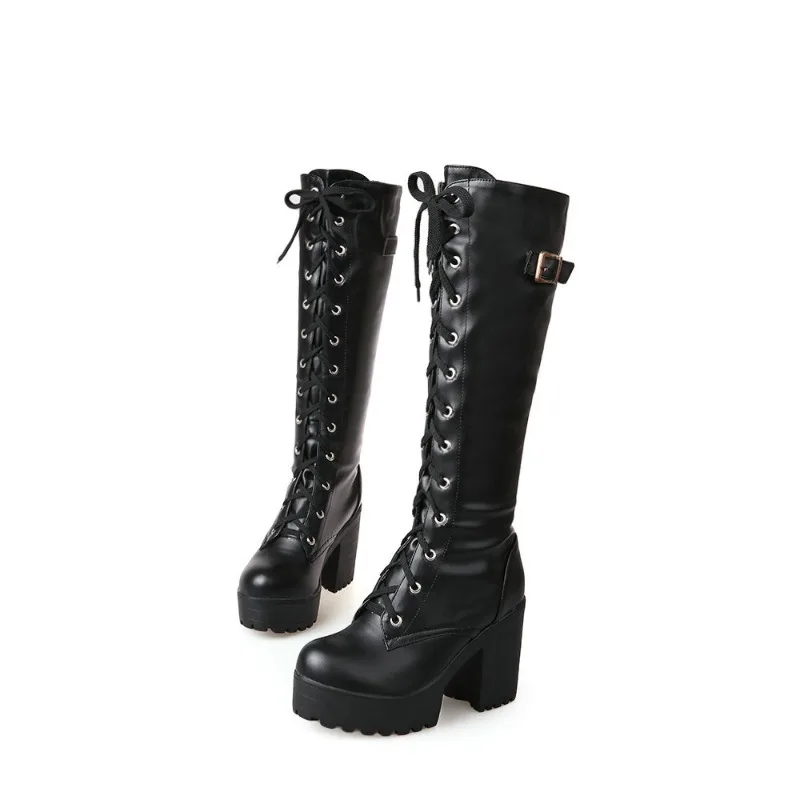 Hot Sale Spring Autumn Platform Retro Lace Up High Heel Boots Belt Buckl Fashion 9.5CM Coarse Following Woman Shoe Large Size 43