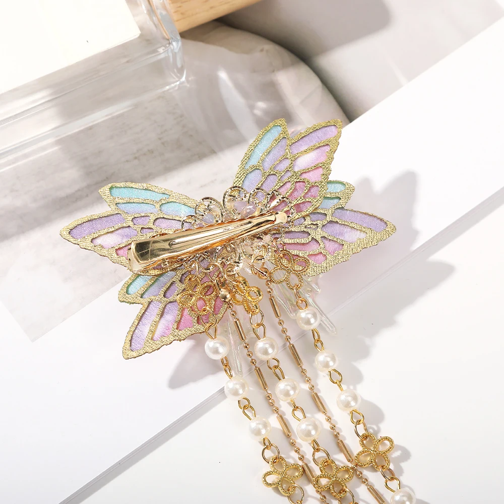 Retro Hairpin, Colorful Butterfly Tassel Hair Clip, Flower Hair Ornament, Ancient Style Pearl , Chinese Style Hair Accessories