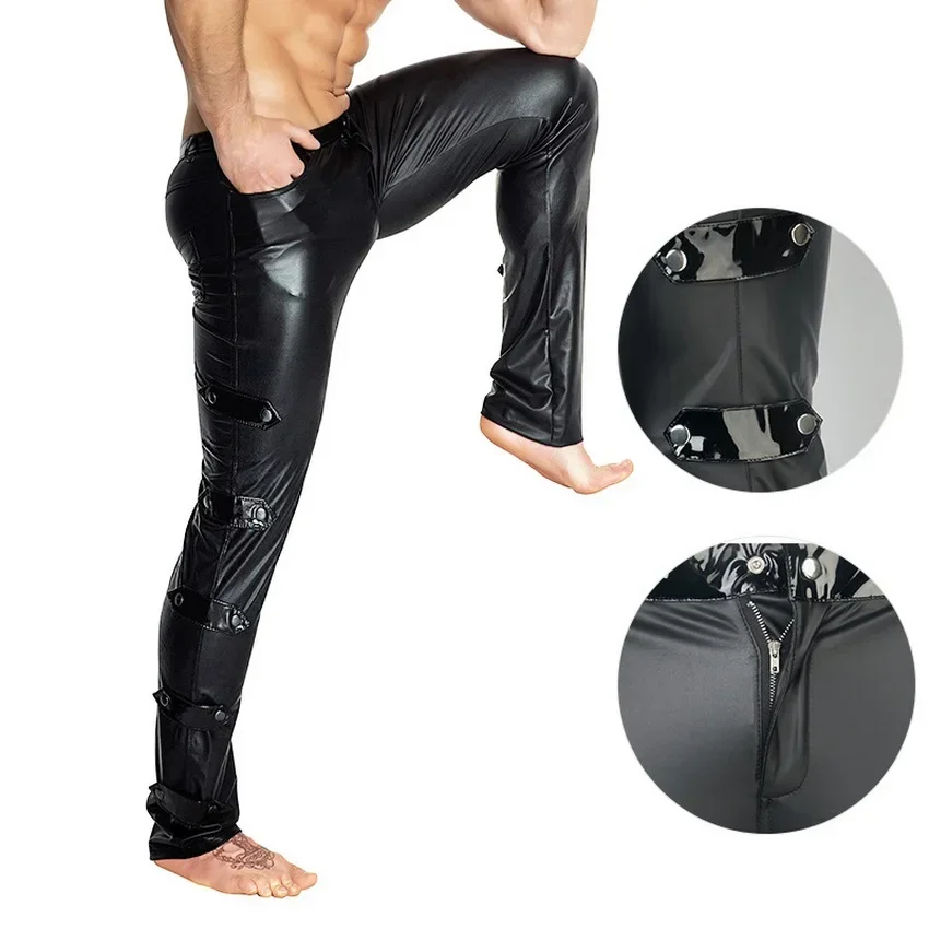 S-2XL Schwarz Glänzende PU Leder Hosen Männer Elastische Slim Fit Hosen Männlichen Casual Motorrad Faux Leder Jogger Hosen