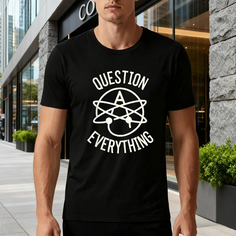 Question Everything Atheist Atomic Symbol T-Shirt Men Retro Skeptical Philosophy Graphic Short Sleeve Atheism Lover Gift Tees