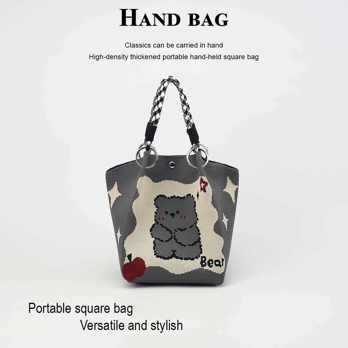 Women's casual handbag, cute cartoon design, detachable circular buckle handle, mixed-color rope handle, easy and quick to close, suitable for commuting, shopping, traveling, and outings, can hold a mobile phone, water