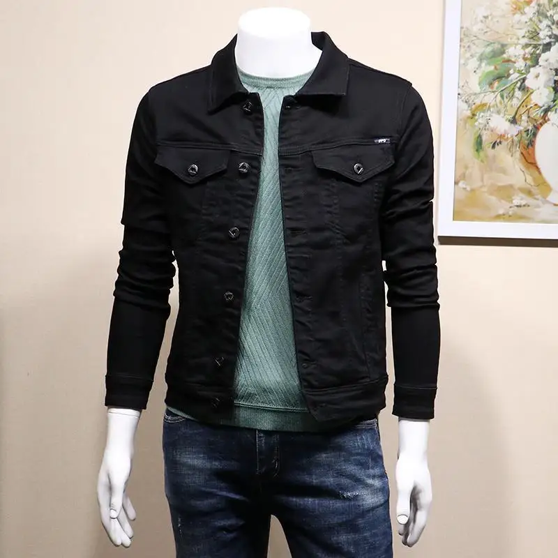 

Black Denim Top Coats Spring Autumn Men's Slim Fit Handsome Young Student Jacket Lapels Buttons Pockets Outerwear Men's Clothing