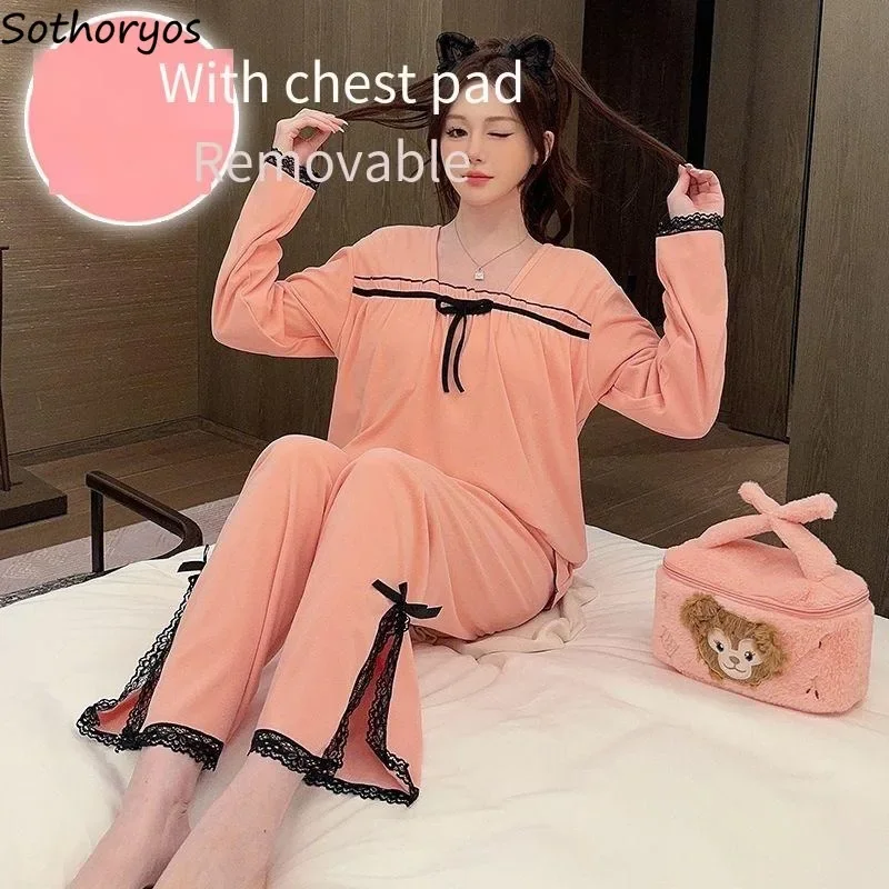 Pajama Sets Women Lace Patchwork Chic Bow Folds Sweet with Chest Pads Outwear Sleepwear Slouchy Spring Autumn Girlish Pyjamas