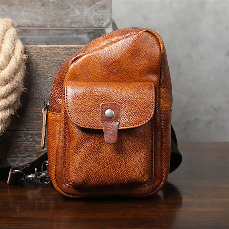 Vintage genuine leather men's chest bag outdoor leisure natural first layer cowhide crossbody bag personality shoulder bag