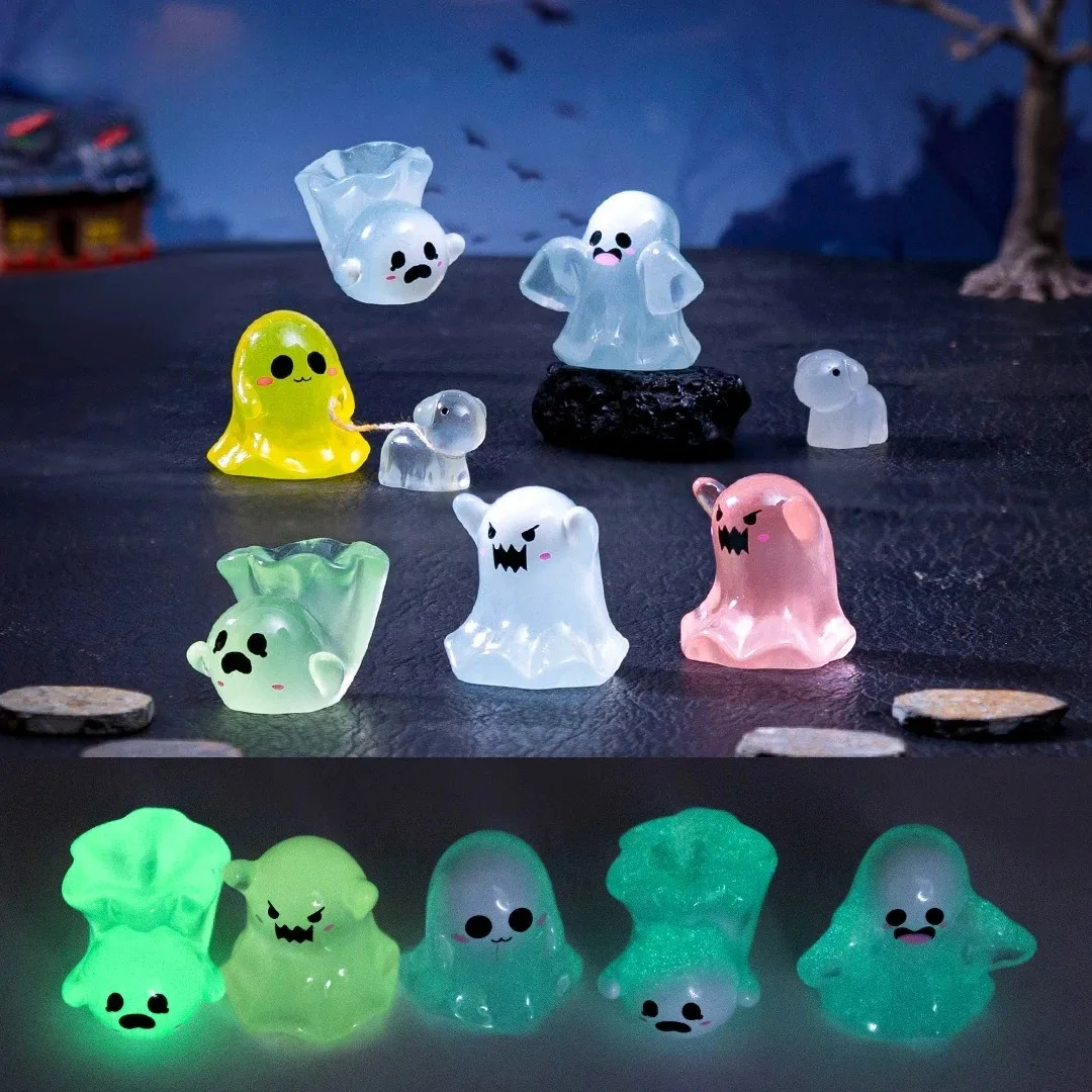 10Pcs Glowing Ghosts for Halloween Resin Decorations,Glow At Night Ghost Elf Ornament Micro Landscape Home Garden Decor