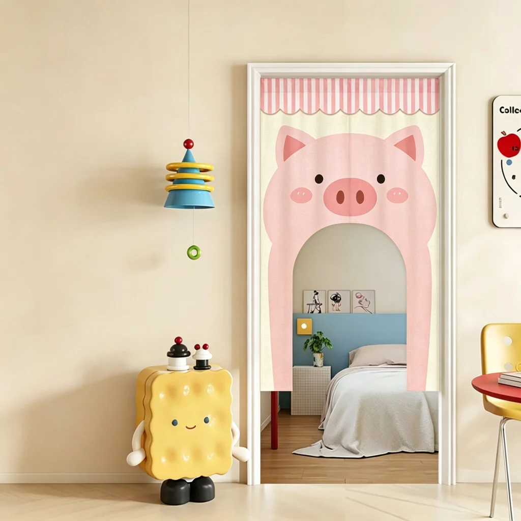 VIKAMA Pink Pig Arched Half Door Curtain Kids Room Bedroom Nursery Cotton Linen Short Curtain Privacy Partition Home Decor