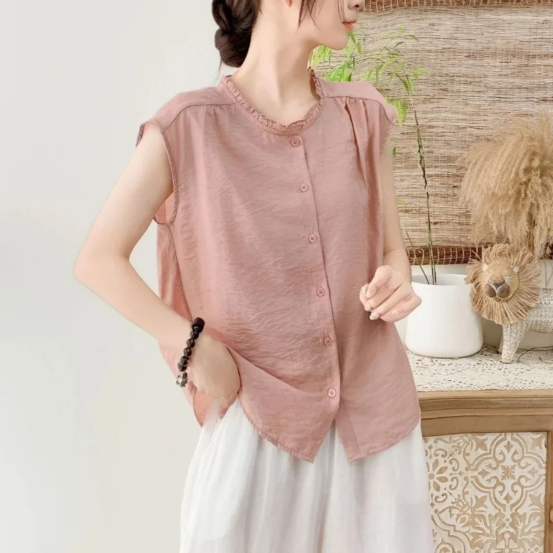 Women Ruffle Round Neck Sleeveless Button Down Loose Casual Blouse 4