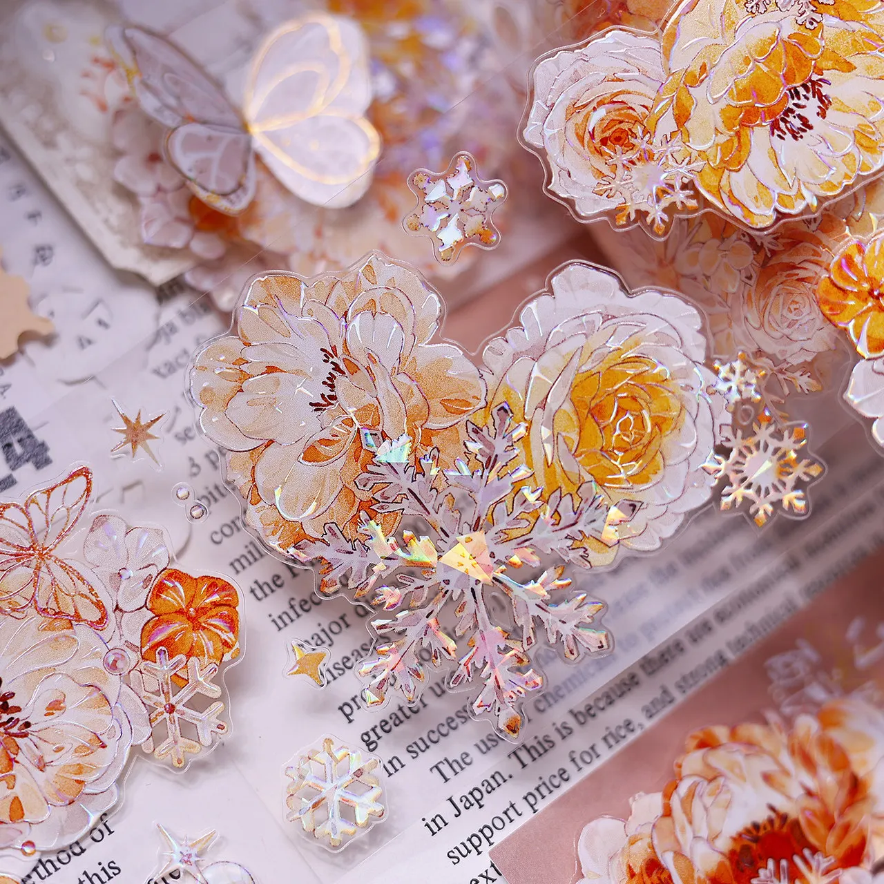 Orange Blossom Washi Pet Tape Roll Xiaobaijia DIY Journal Scrapbook Orange Shiny Vintage Fresh Snowflake Shiny Pre Cut Journal