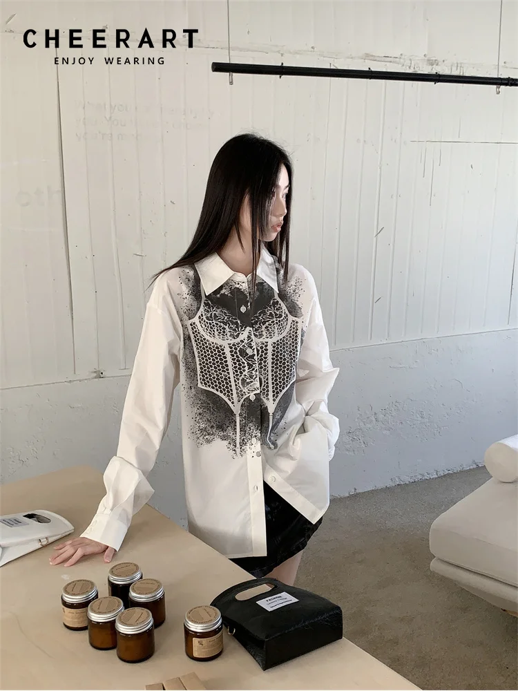 

CHEERART Goth Y2k White Long Sleeve Shirt For Women Fall 2023 Fashion Button Up Collared Shirt Designer Top Autumn Clothes