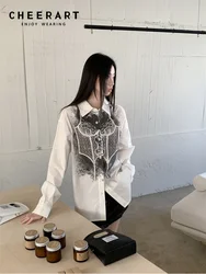 CHEERART Goth Y2k White Long Sleeve Shirt For Women Fall 2023 Fashion Button Up Collared Shirt Designer Top Autumn Clothes