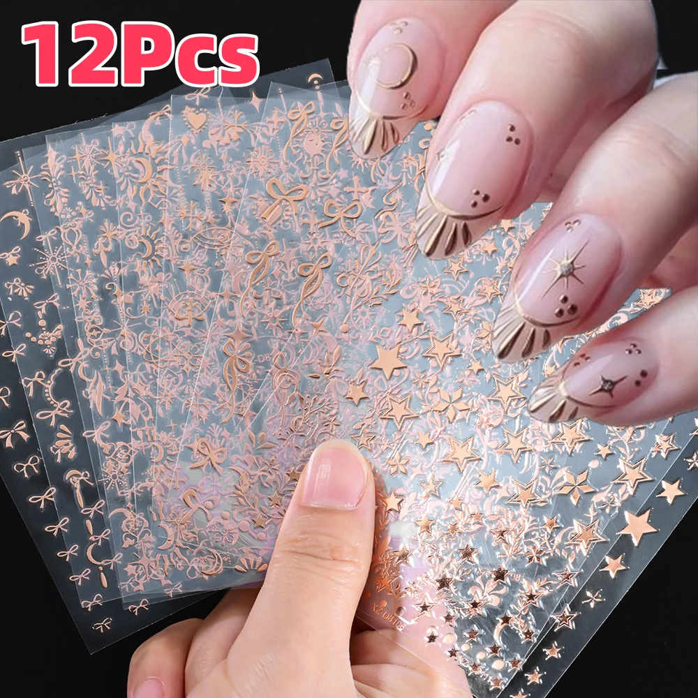 

12Pcs 3D Rose Gold Star Moon Bowknot Nail Art Stickers Bohemia Sun Leaves Self-Adhesive Nails Slider Luxurious Manicure Decals